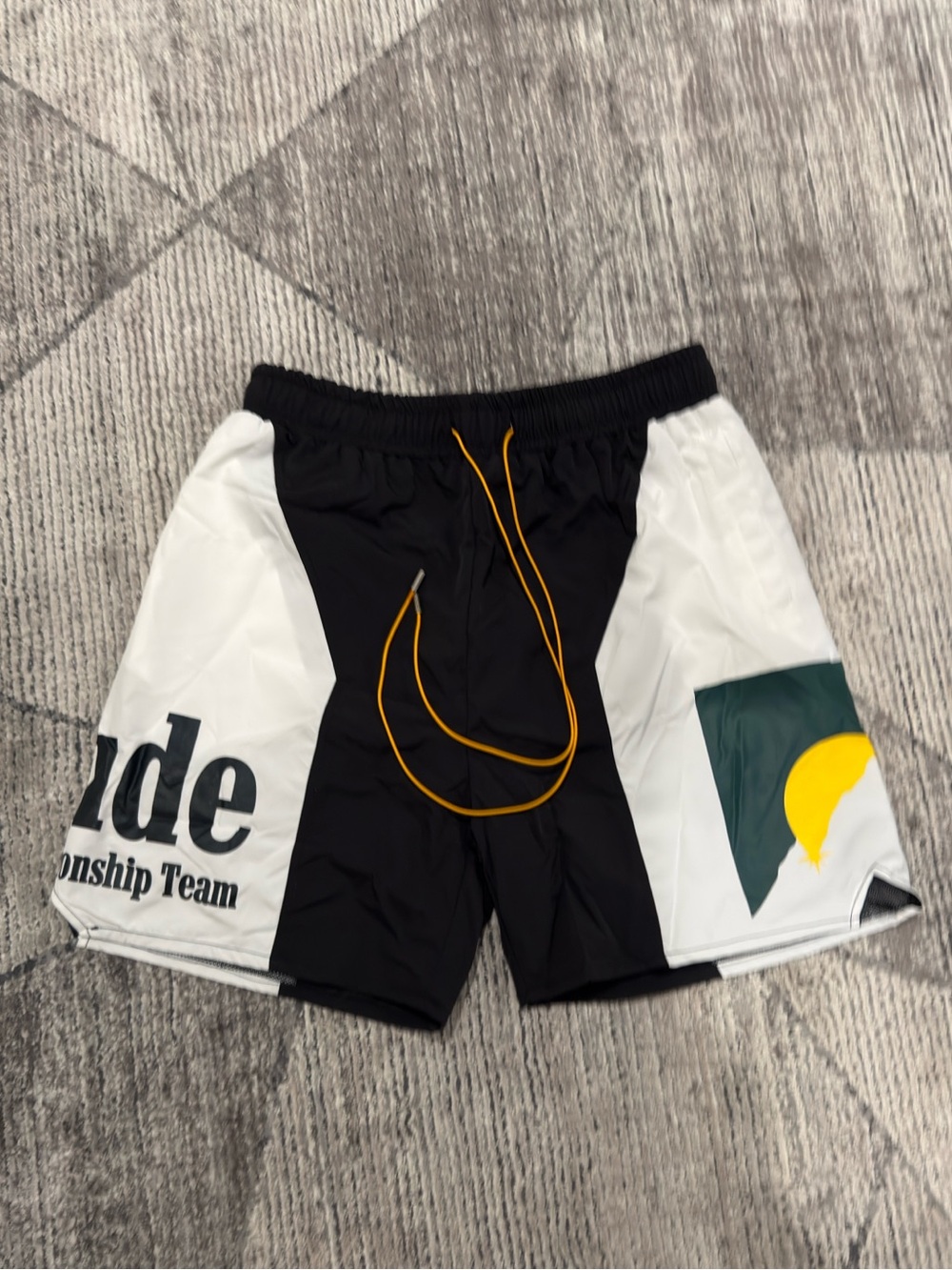 Rhude Black and White Athletic Shorts with Yellow Drawstring - Picture 1 of 7